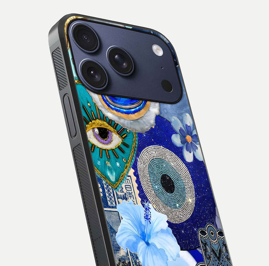 Celestial Blue Vision Glass Case for iPhone 17 Pro close-up shot highlighting reflection details and smooth edge polish