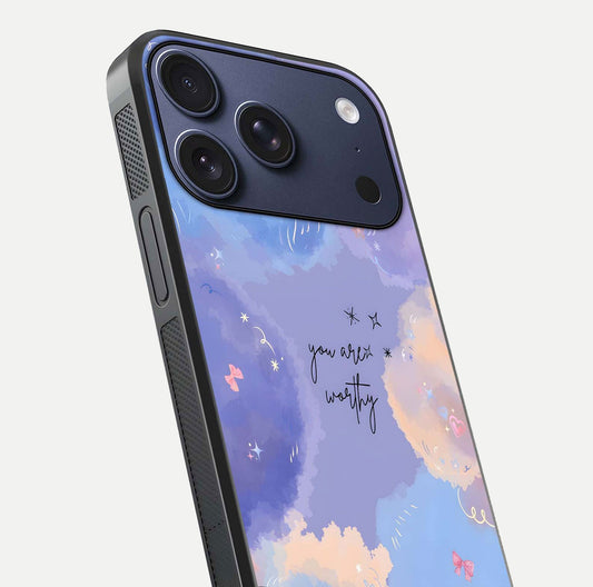 Celestial Cloud Magic Glass Case for iPhone 17 Pro close-up highlighting smooth gradient and gloss surface