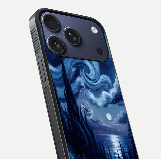 Celestial Dream Van Gogh Glass Case for iPhone 17 Pro close-up view capturing vivid brush details and star reflection