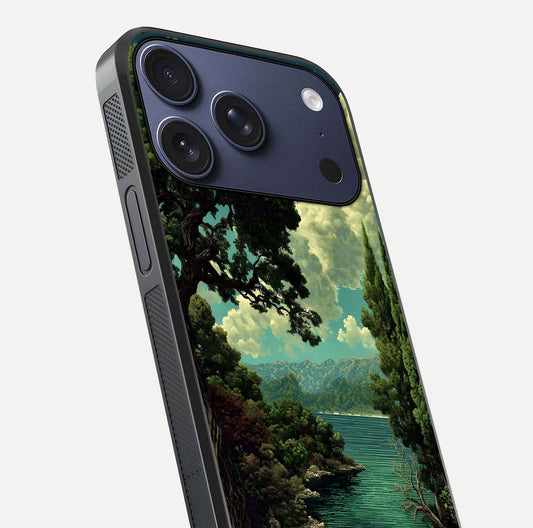 Celestial Lake Peace Glass Case for iPhone 17 Pro close-up highlighting moon reflection and glossy texture