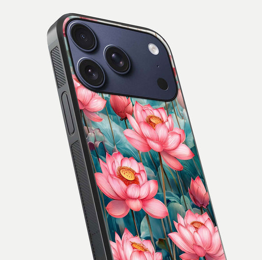 Celestial Pink Lotus Glass Case for iPhone 17 Pro close-up highlighting petal detail and HD glass reflection