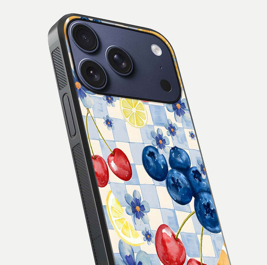 Citrus Bloom Joy Glass Case for iPhone 17 Pro close-up highlighting orange blossoms and reflection detail