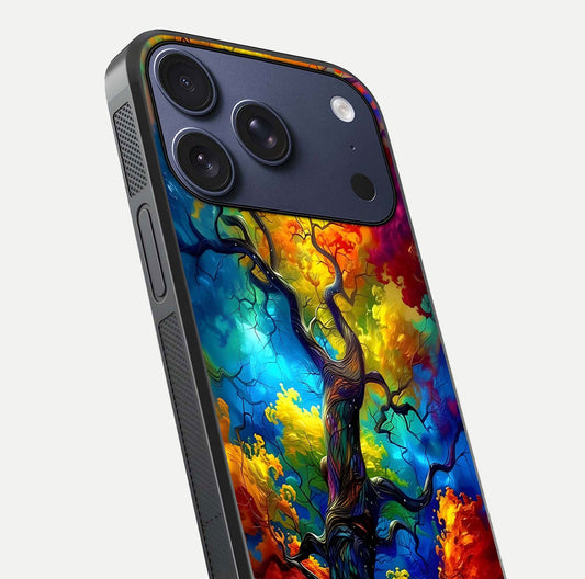 Colorful Tree Glass Case for iPhone 17 Pro close-up highlighting leaf detail, gradient colors, and shine