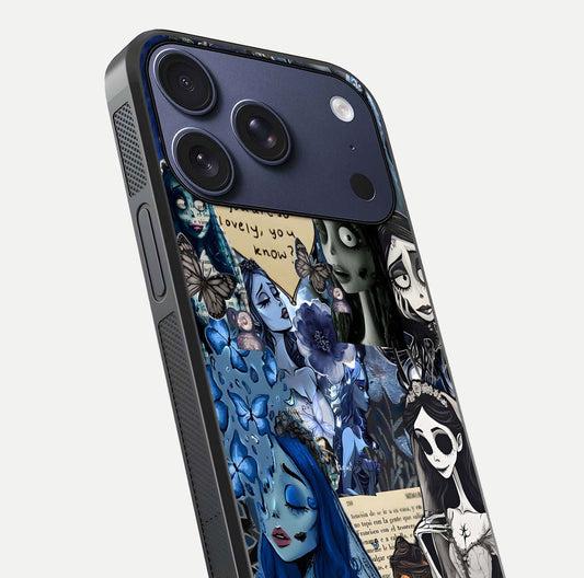 Corpse Bride Posters Glass Case for iPhone 17 Pro close-up highlighting detailed artwork and reflection polish
