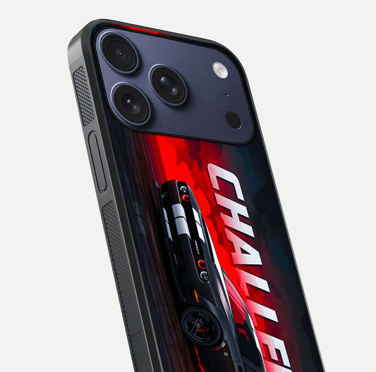 Crimson Challenger Fury Glass Case for iPhone 17 Pro close-up highlighting car details and reflection depth