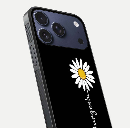Custom Name White Flower Glass Case for iPhone 17 Pro close-up highlighting petals, name print, and reflection polish