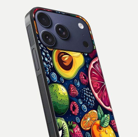Cute Fruits Art Glass Case for iPhone 17 Pro close-up highlighting fruit shapes, color tones, and reflection polish