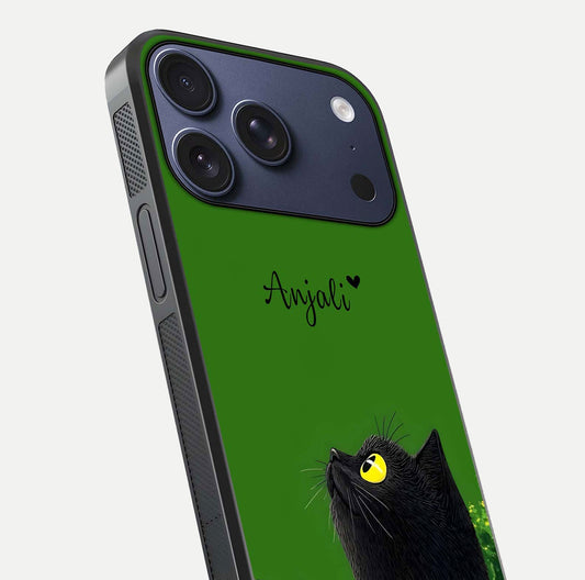 Emerald Cat Custom Name Glass Case for iPhone 17 Pro close-up highlighting feline detail, emerald hues, and reflection polish