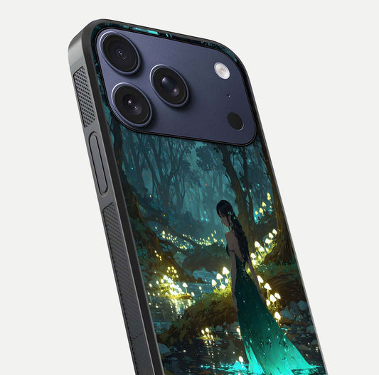 Enchanted Forest Glow Glass Case for iPhone 17 Pro close-up highlighting trees, lights, and reflection texture