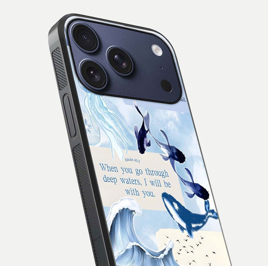 Faithful Ocean Promise Glass Case for iPhone 17 Pro close-up highlighting water reflection and serene blue tones