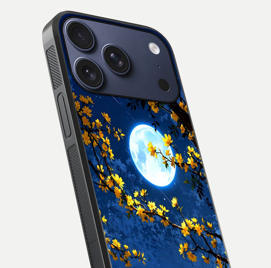Golden Night Glow Glass Case for iPhone 17 Pro close-up angled shot showing shimmer texture and light reflection