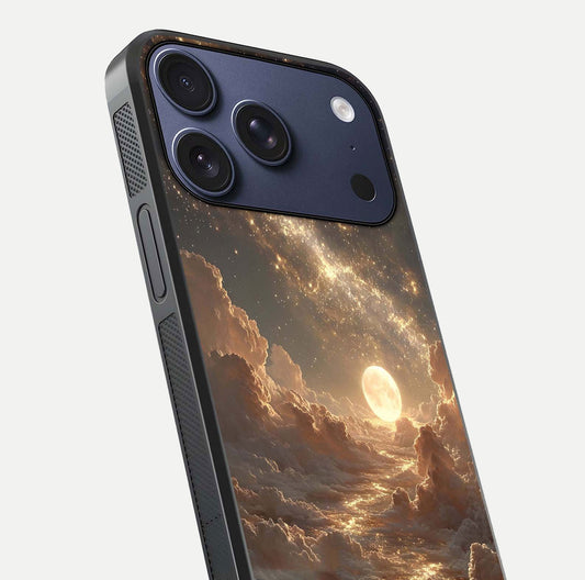 Golden Sky Dream Glass Case for iPhone 17 Pro close-up angled shot showing gradient tones and reflection polish
