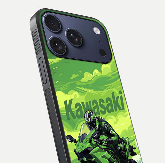 Green Kawasaki Glass Case for iPhone 17 Pro close-up angled shot showing sporty line details and reflection shine