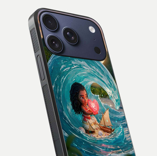 Heart of Ocean Glass Case for iPhone 17 Pro close-up angled shot showing blue tones and reflection shine