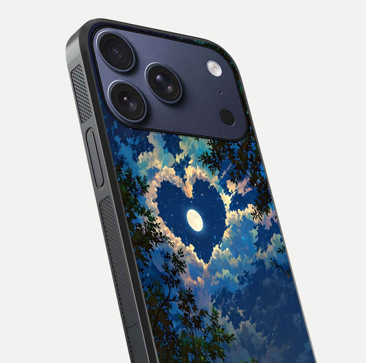 Heart with Moon Sky Glass Case for iPhone 17 Pro close-up angled shot showing lunar reflection and shine detail