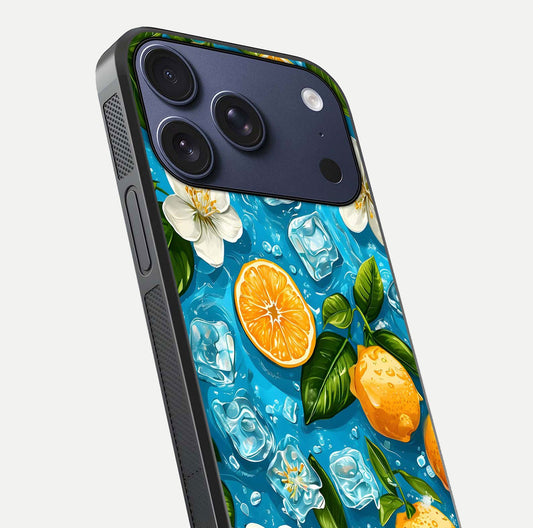 Ice Cube With Orange Glass Case for iPhone 17 Pro close-up angled shot showing orange slices and ice reflections