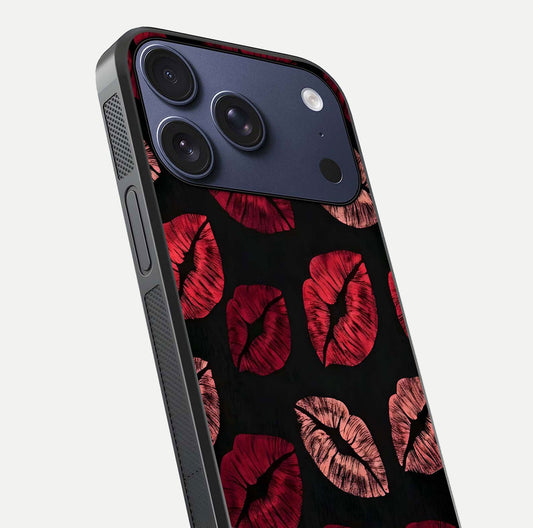 Midnight Kiss Love Glass Case for iPhone 17 Pro close-up angle highlighting red accents and reflection shine