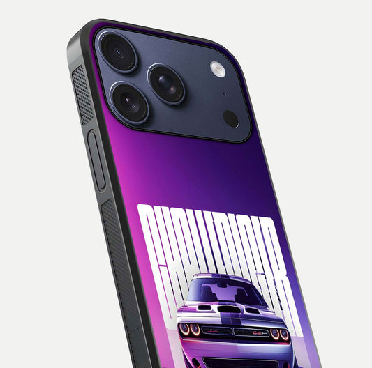 Midnight Muscle Ride Glass Case for iPhone 17 Pro close-up angled shot showing HD reflections and car details