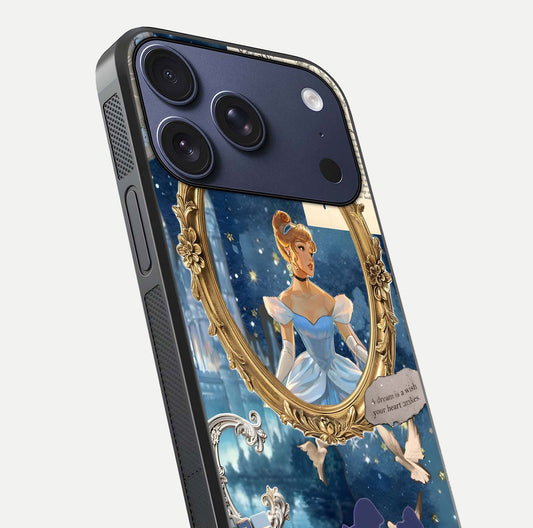Midnight Queen Glass Case for iPhone 17 Pro close-up angled shot featuring crown motif and gloss reflection