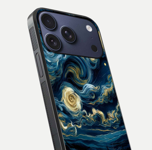 Midnight Sky Whirl Glass Case for iPhone 17 Pro close-up angle showing spiral design and HD gloss reflection