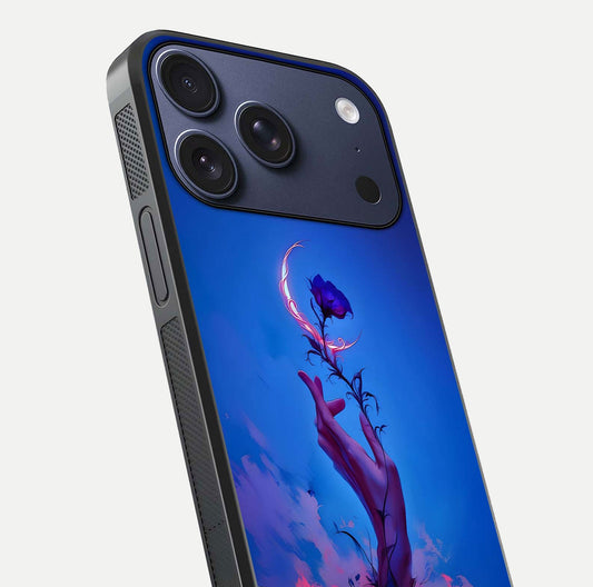 Mystic Hand Glass Case for iPhone 17 Pro close-up angled shot showing spiritual markings and reflection