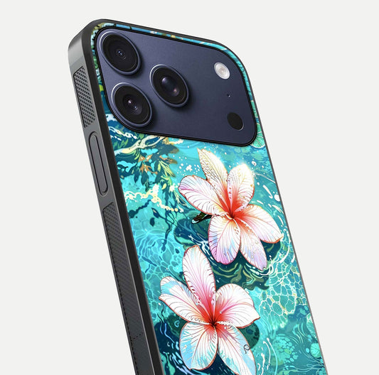 Pink Flowers in Water Glass Case for iPhone 17 Pro close-up angled shot highlighting water ripple and reflection