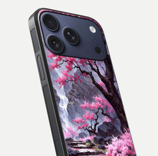 Pinkish Scenery Glass Case for iPhone 17 Pro close-up angled shot showing reflection and gradient color blend