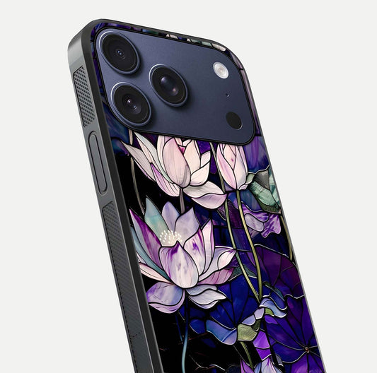 Purple Lotus Pattern Glass Case for iPhone 17 Pro close-up angled shot showing petal texture and HD reflection