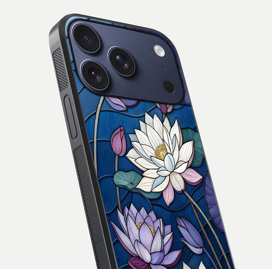 Purple Lotus Stained Glass Case for iPhone 17 Pro close-up angled shot highlighting glass pattern and reflection