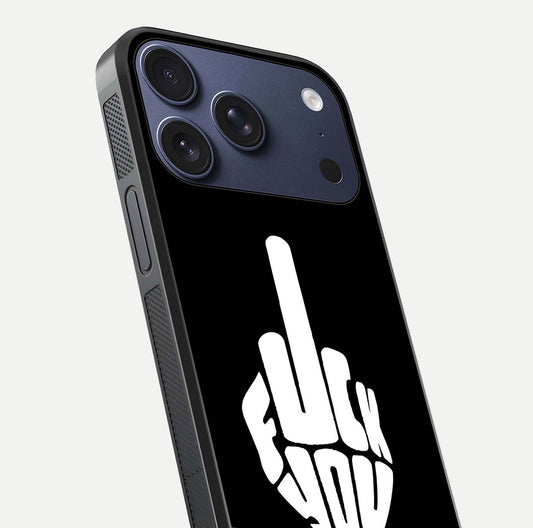 Rebel Mode On Glass Case for iPhone 17 Pro close-up angled shot highlighting reflective text and sharp design