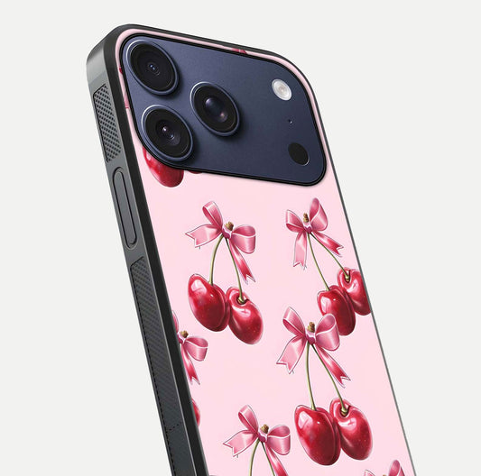 Red Cherries Pattern Glass Case for iPhone 17 Pro close-up angled shot showing cherry details and HD reflection