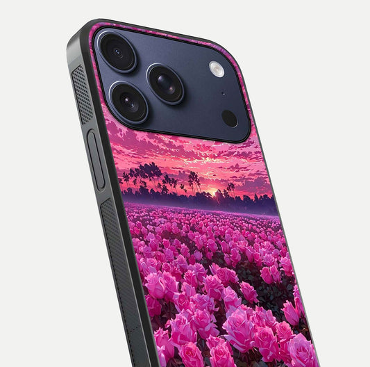 Rose Sunset Valley Glass Case for iPhone 17 Pro close-up angled shot showing rose detailing and golden hues