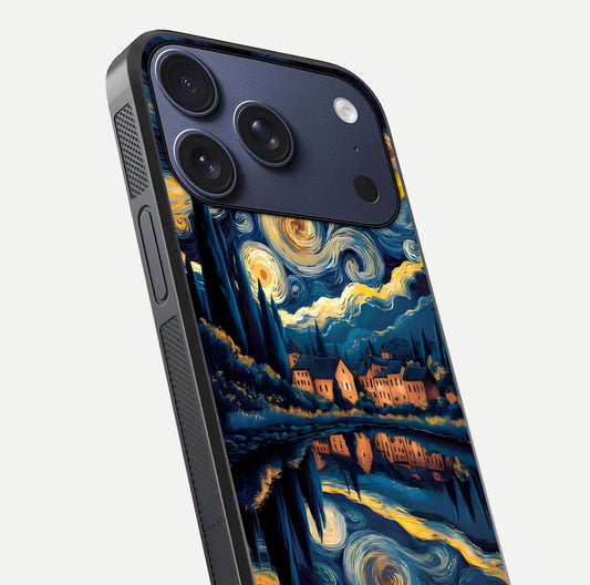 Starry Sky Serenity Glass Case for iPhone 17 Pro close-up angled shot highlighting light reflection and blue hues