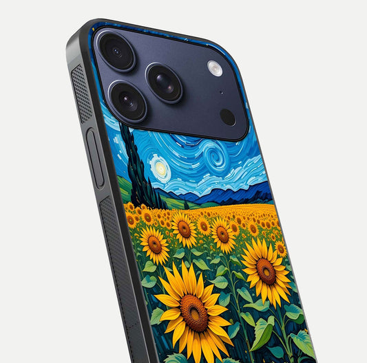 Starry Sunflower Dreams Glass Case for iPhone 17 Pro close-up angled shot highlighting petal texture and gloss