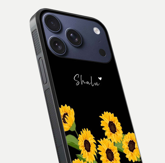 Sunflower Chic Mood Custom Name Glass Case for iPhone 17 Pro close-up angled shot showing HD sunflower pattern