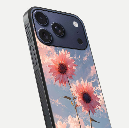 Sunlit Daisy Glow Glass Case for iPhone 17 Pro close-up angled shot highlighting petal texture and reflection