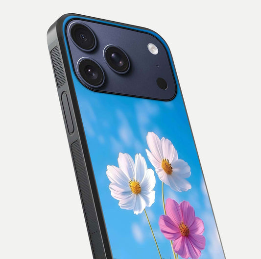 Triple Flowers With Sky Glass Case for iPhone 17 Pro close-up angled shot highlighting petal and reflection details