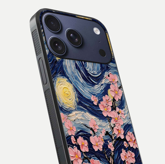 Van Gogh Scenery Glass Case for iPhone 17 Pro close-up angled shot highlighting brushwork texture and color depth