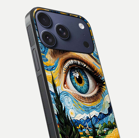 Van Gogh Eye Glass Case for iPhone 17 Pro close-up angled shot highlighting color blend and gloss reflection