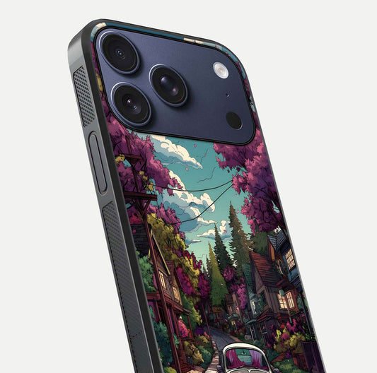 Vintage Street Drive Glass Case for iPhone 17 Pro close-up angled shot highlighting vintage tones and reflection