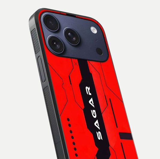 Voltage Rise CYBERPUNK Custom Name Glass Case for iPhone 17 Pro close-up angled shot highlighting neon glow and reflection