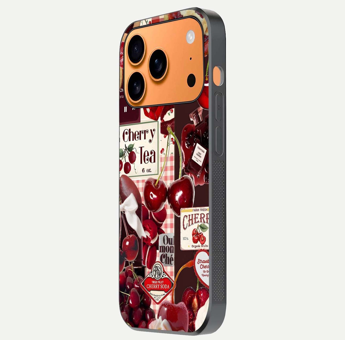 Aesthetic Cherry Tea Glass Case for iPhone 17 Pro Max side-angle image showing cherry collage print, camera module, and glossy finish reflection