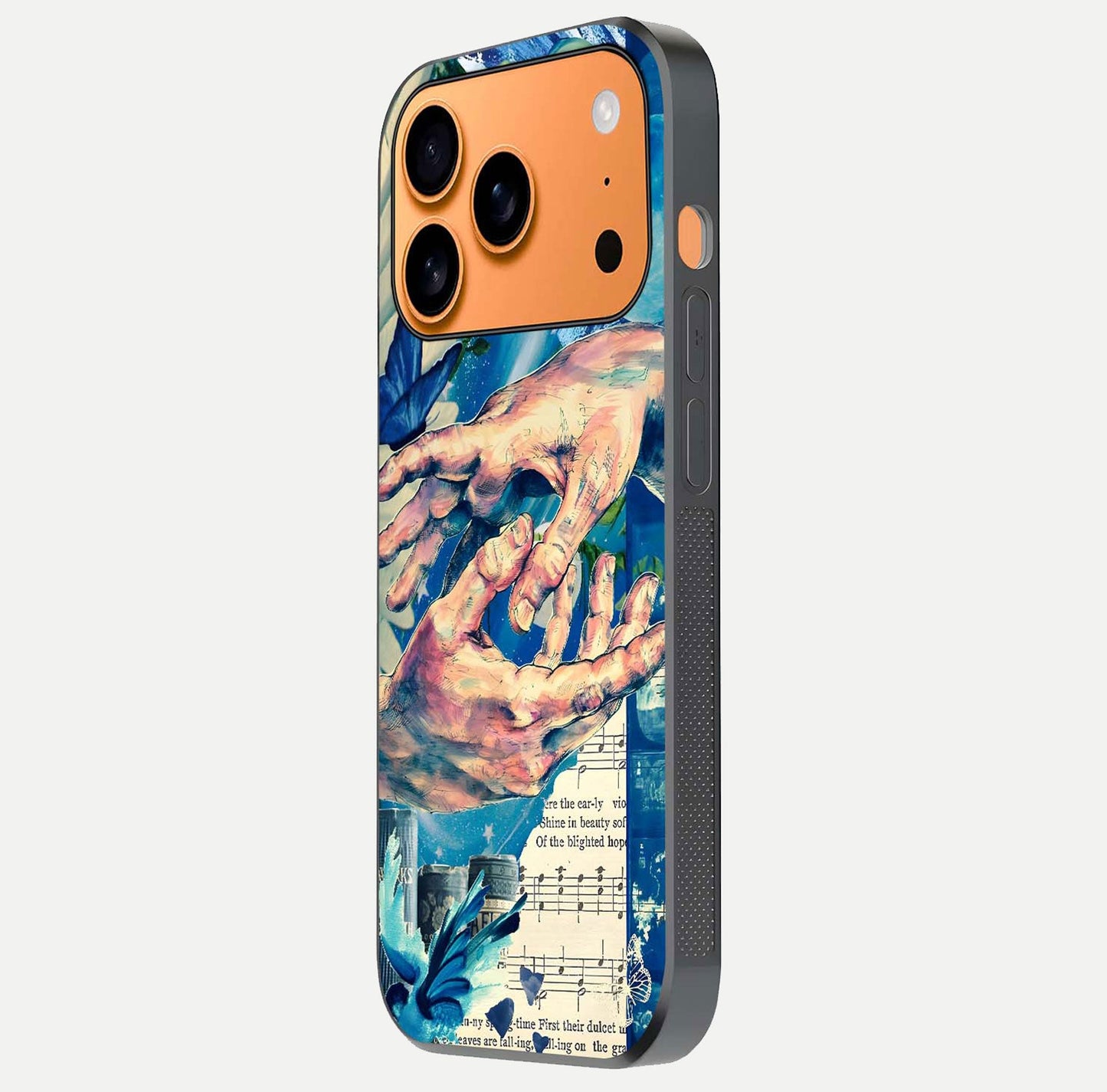 Aesthetic Divider Glass Case for iPhone 17 Pro Max side-angle image showing divider pattern print, camera module, and glossy finish reflection