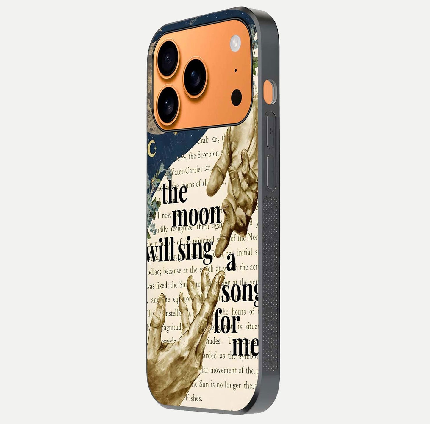 Aesthetic Divine Glass Case for iPhone 17 Pro Max side-angle image showing divine abstract design, camera module, and glossy finish reflection