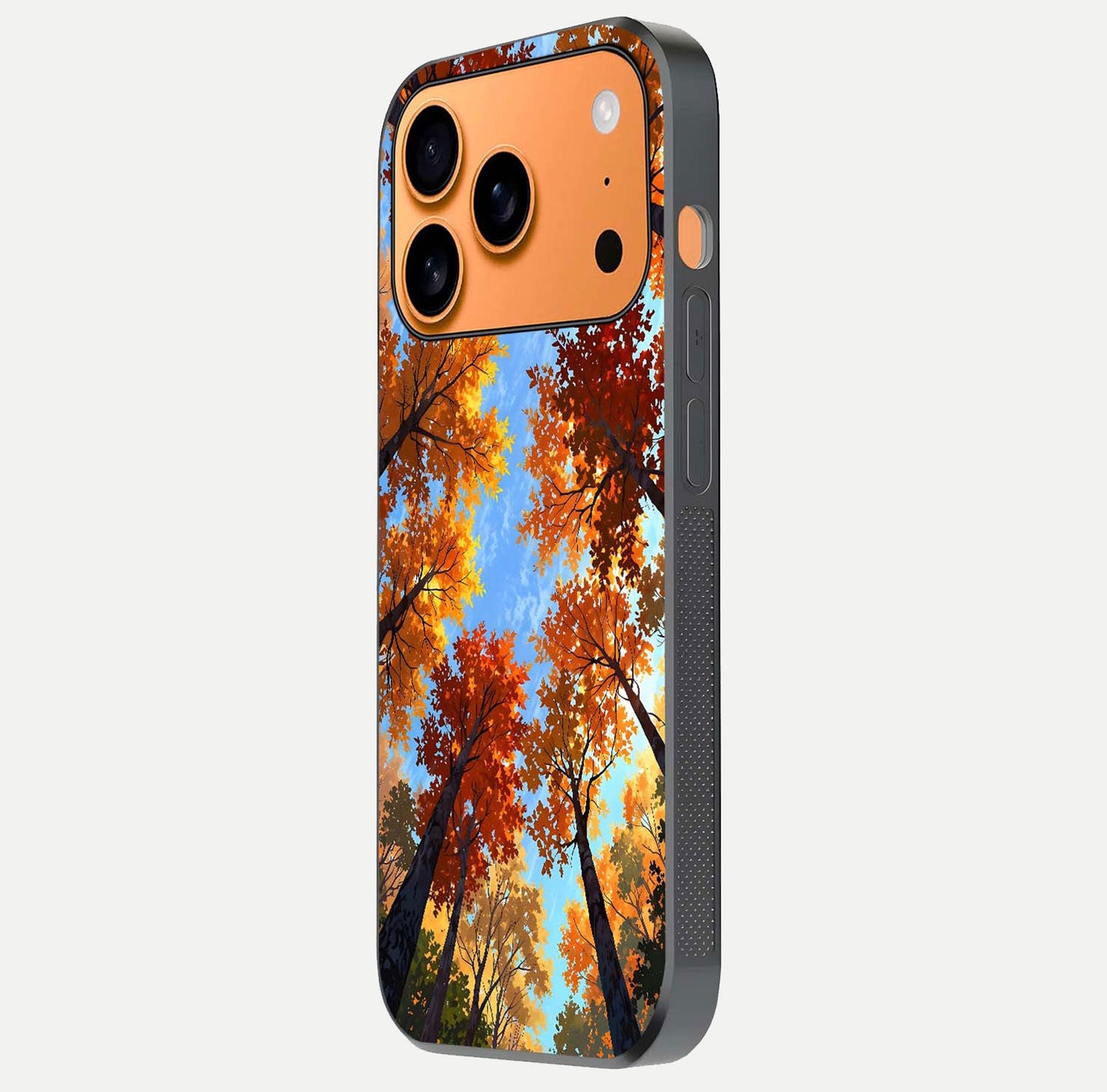 Autumn Sky Rise Glass Case for iPhone 17 Pro Max side-angle showing autumn art tones and protective corners
