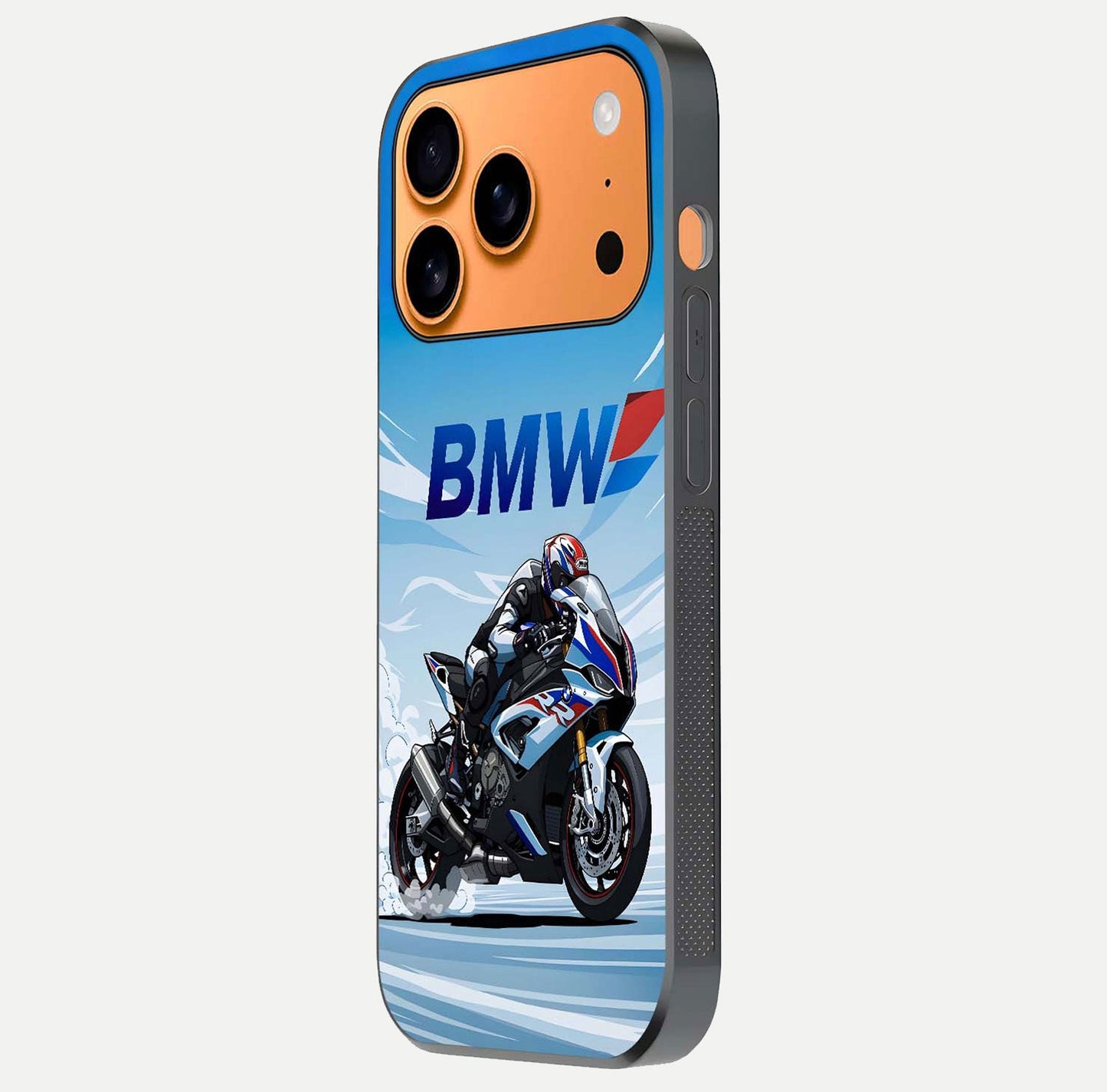 BMW Power Drift Glass Case for iPhone 17 Pro Max side-angle image emphasizing smooth finish and detailed design