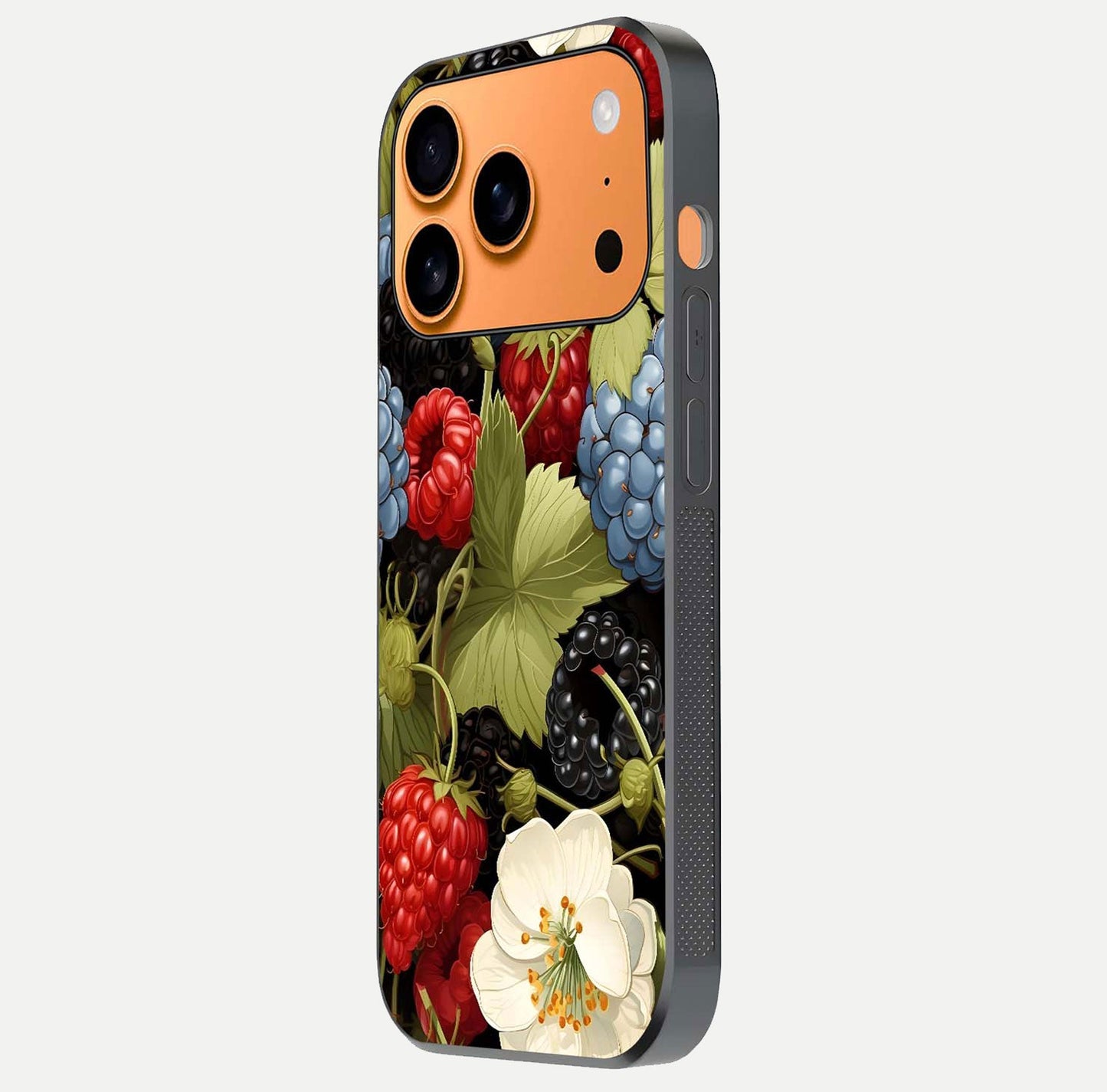 Berry Bloom Charm Glass Case for iPhone 17 Pro Max side-angle image showing floral texture and high-definition print gloss