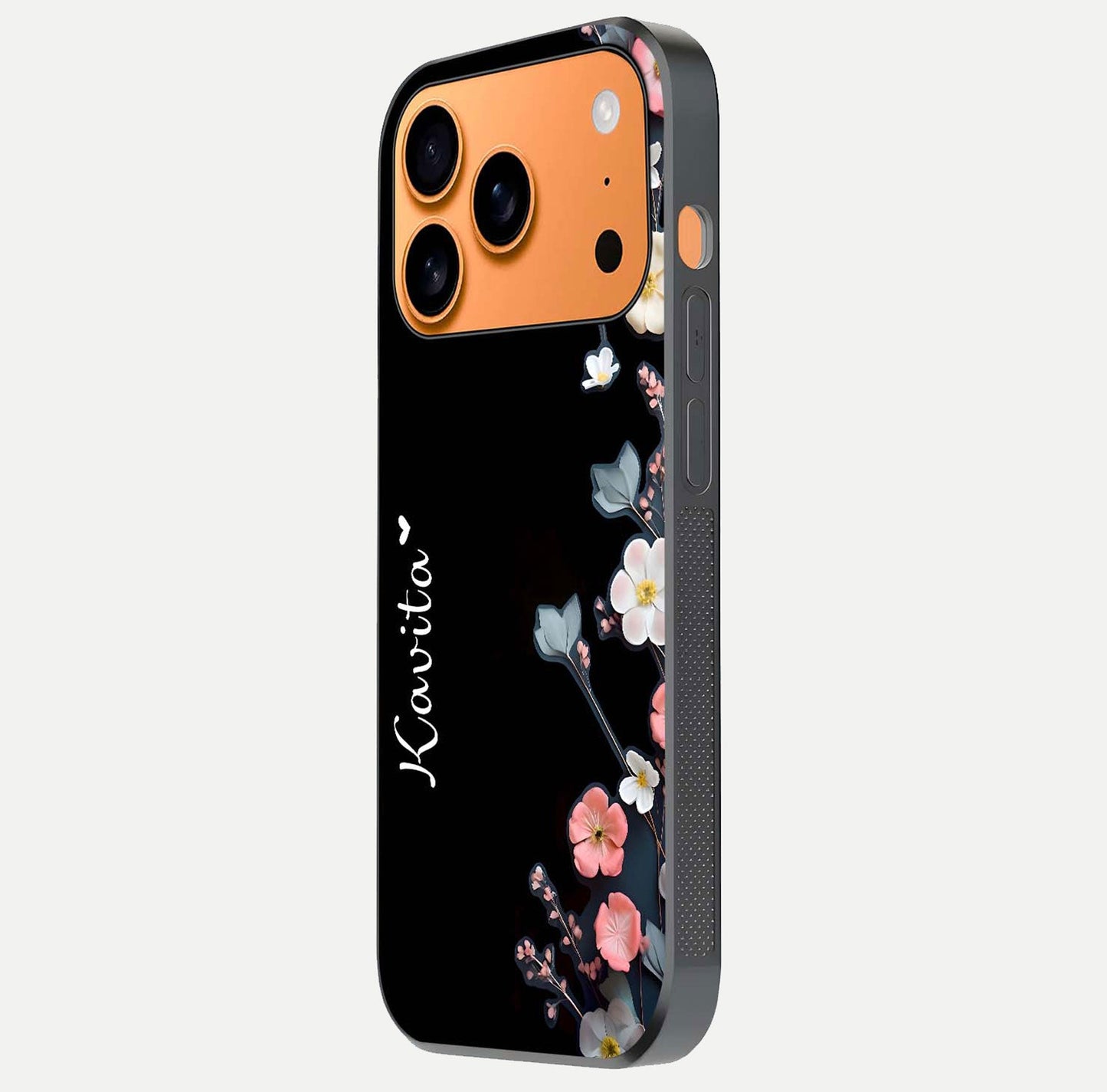 Black Elegance Floral Custom Name Glass Case for iPhone 17 Pro Max side-angle showing black gloss depth and delicate print texture