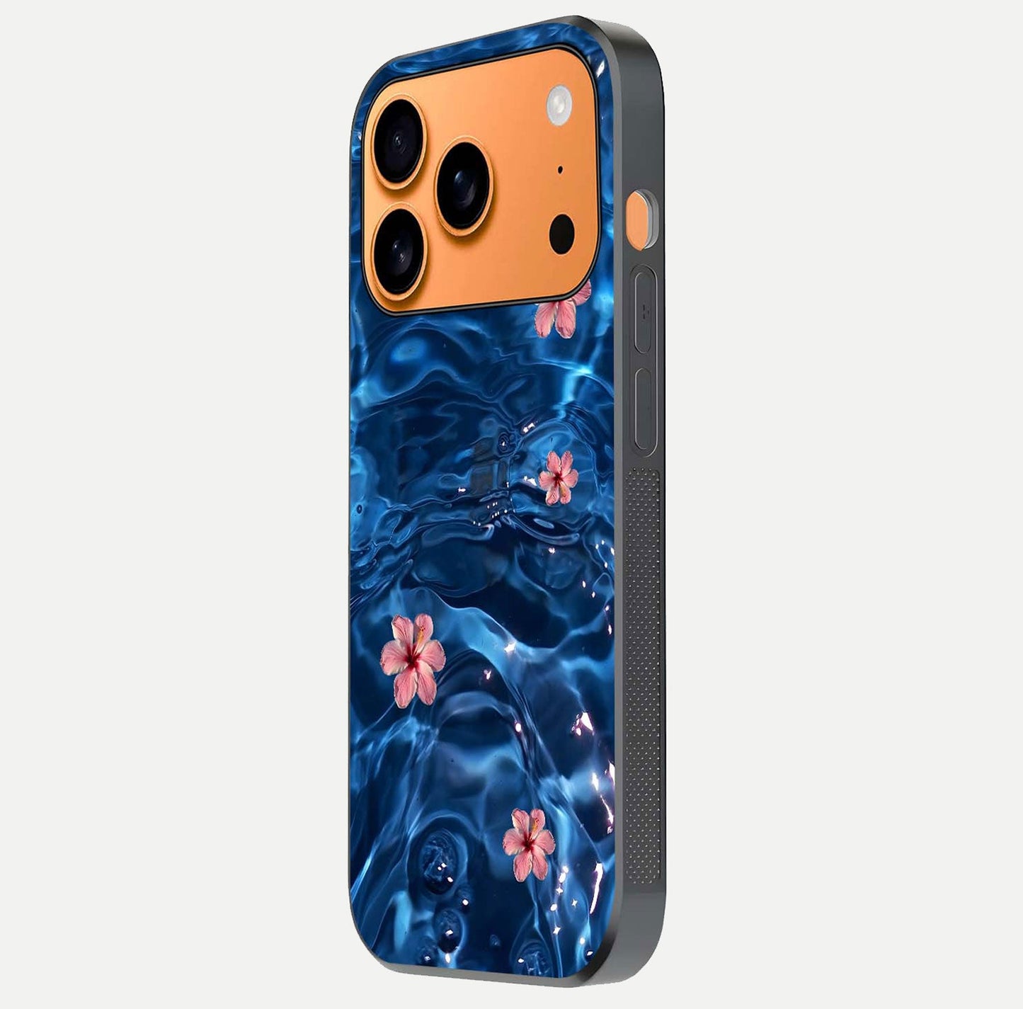 Blooming Water Drift Glass Case for iPhone 17 Pro Max side-angle image showcasing blossom flow, curved corners, and HD glass gloss