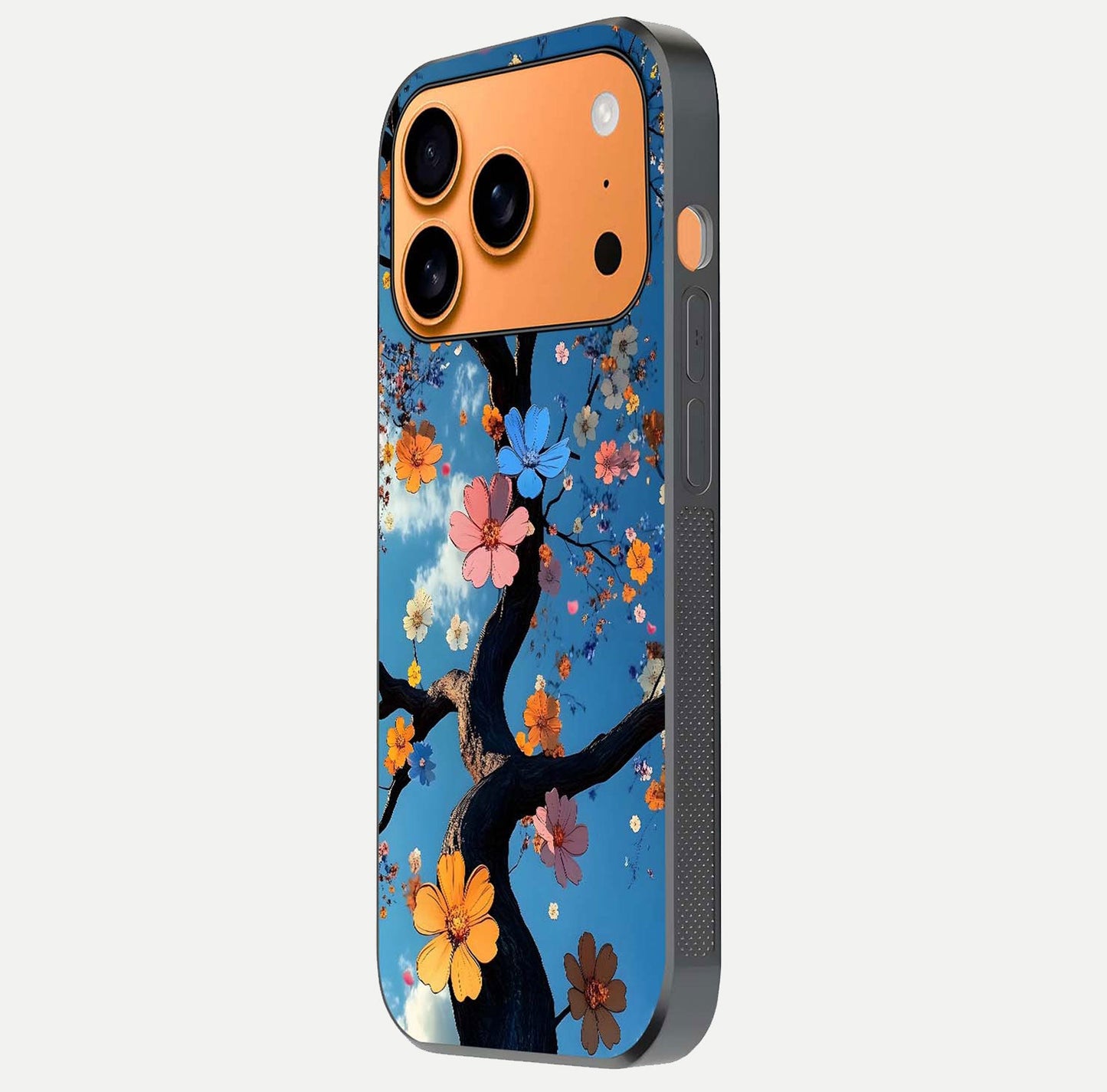 Blossom Dream Sky Glass Case for iPhone 17 Pro Max side-angle photo showing flower details, edge curve, and reflection shine